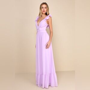 Lulus Soiree Celebration Classic Lilac Ruffled Chiffon Lace-Up Maxi Dress Size M